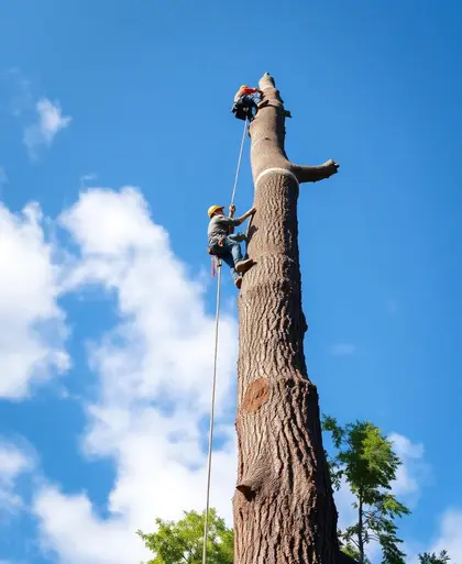 Arborysta w uprzęży i kasku podczas pracy w koronie drzewa