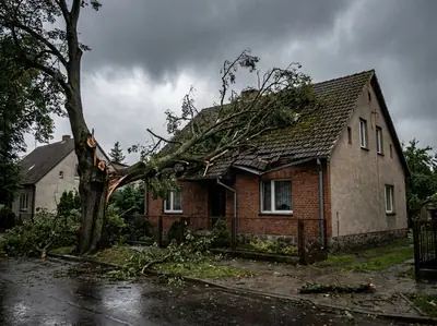 Drzewo powalone przez wichurę, oparte o dach domu jednorodzinnego